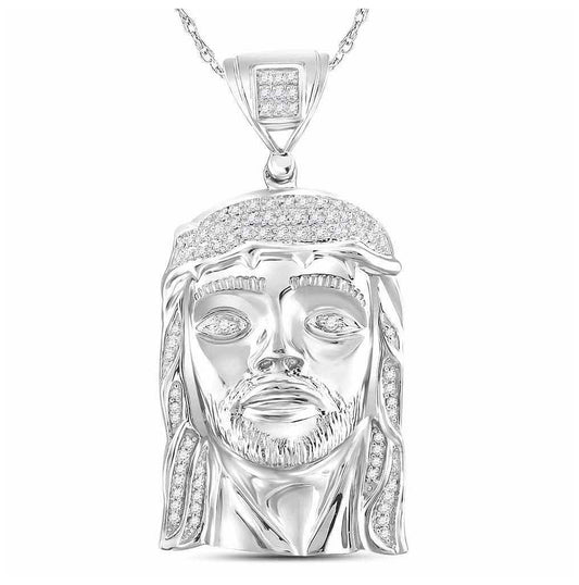 Sterling Silver Mens Round Diamond Jesus Face Charm Pendant 1/4ctw