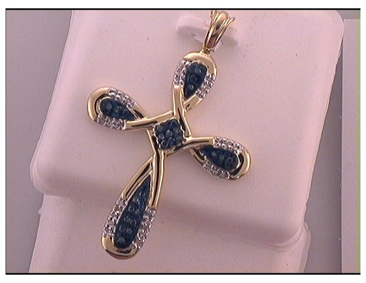 10kt Yellow Gold Womens Color Enhanced Blue Diamond Cross Fashion Pendant 1/5 Cttw