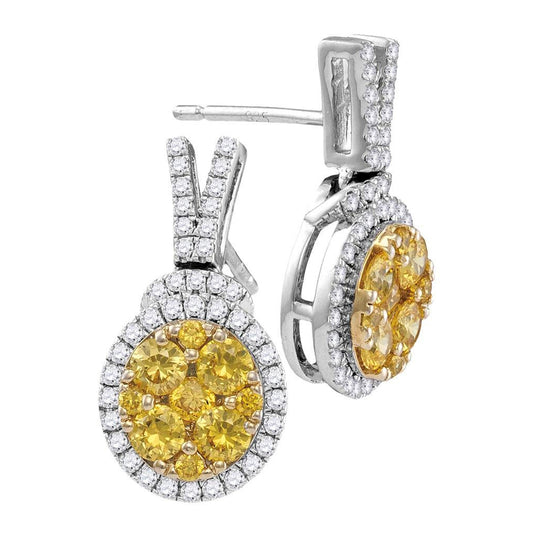 14kt White Gold Womens Round Yellow Diamond Dangle Earrings 1-7/8 Cttw