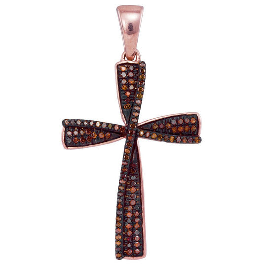 10kt Rose Gold Womens Round Red Color Enhanced Diamond Cross Pendant 1/4 Cttw