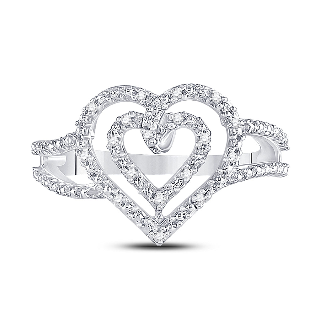 Sterling Silver Womens Round Diamond Nested Double Heart Ring 1/20 Cttw, Womens Size: 5-10