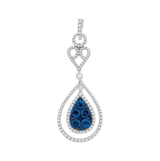 14kt White Gold Womens Round Blue Sapphire Teardrop Diamond Frame Pendant 3/4 Cttw