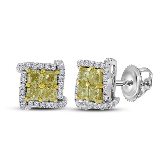 18kt White Gold 18kt White Gold Womens Round Yellow Color Enhanced Diamond Square Cluster Earrings 1-1/2 Cttw