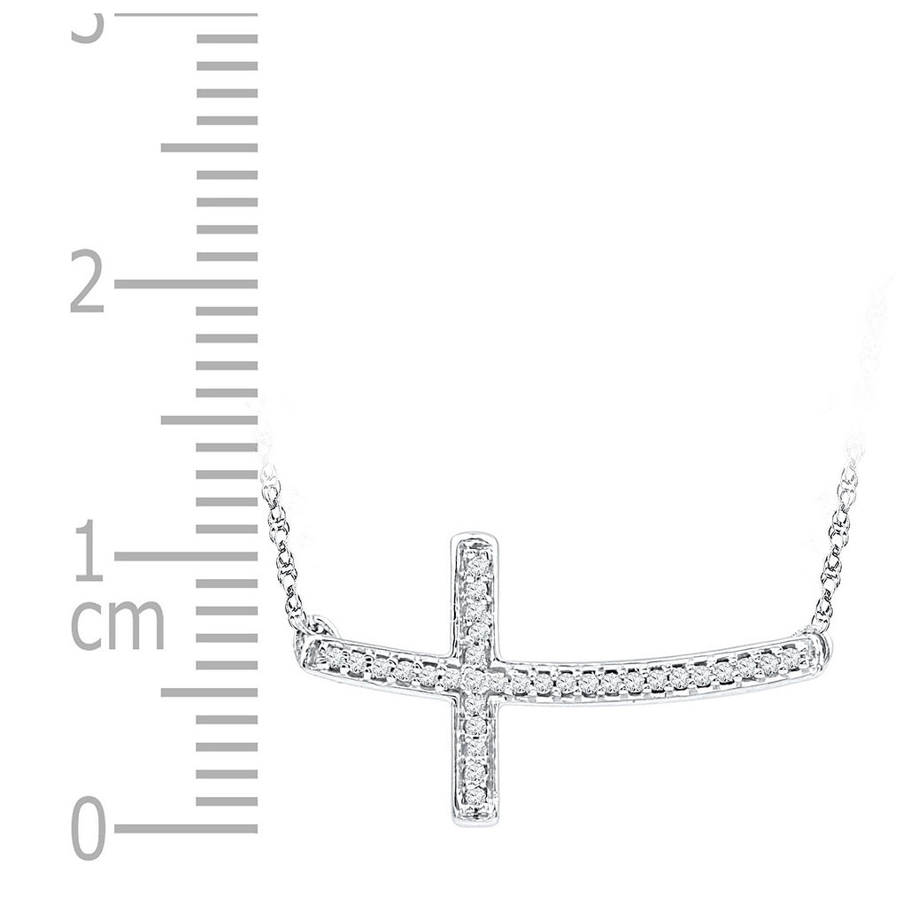 Sterling Silver Womens Round Diamond Horizontal Sideways Cross Necklace 1/10 Cttw, Length: 16.97 In, Width: 0.77 In