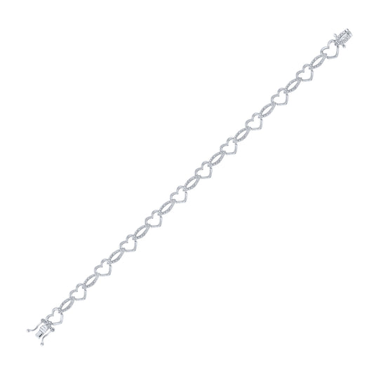 Sterling Silver Womens Round Diamond Heart Outline Link Bracelet 1/6 Cttw