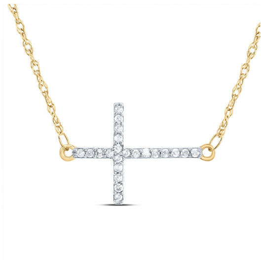 10K Yellow Gold Womens Round Diamond Horizontal Cross Necklace 1/20 Cttw, Length: 17.99 In, Width: 0.61 In