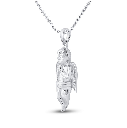 Sterling Silver Mens Round Diamond Angel Charm Pendant 1/20ctw, Length: 1.34 Inch Width: 0.59 Inch