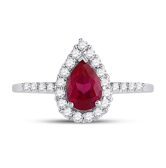 10K White Gold Womens Pear Synthetic Ruby Solitaire Diamond Frame Ring 1-1/5 Cttw, Womens Size: 5-10