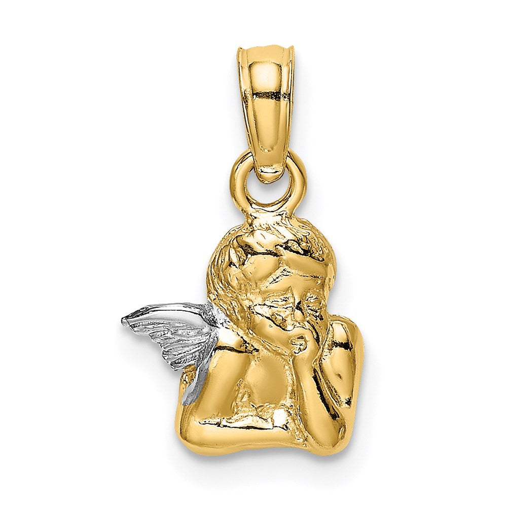 14K Yellow Gold Angel Resting On Elbow with Rhodium Wing Charm