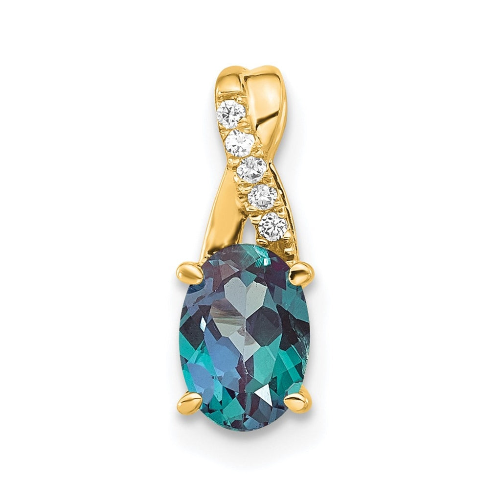 14K Yellow Gold Oval Created Alexandrite & Diamond Pendant