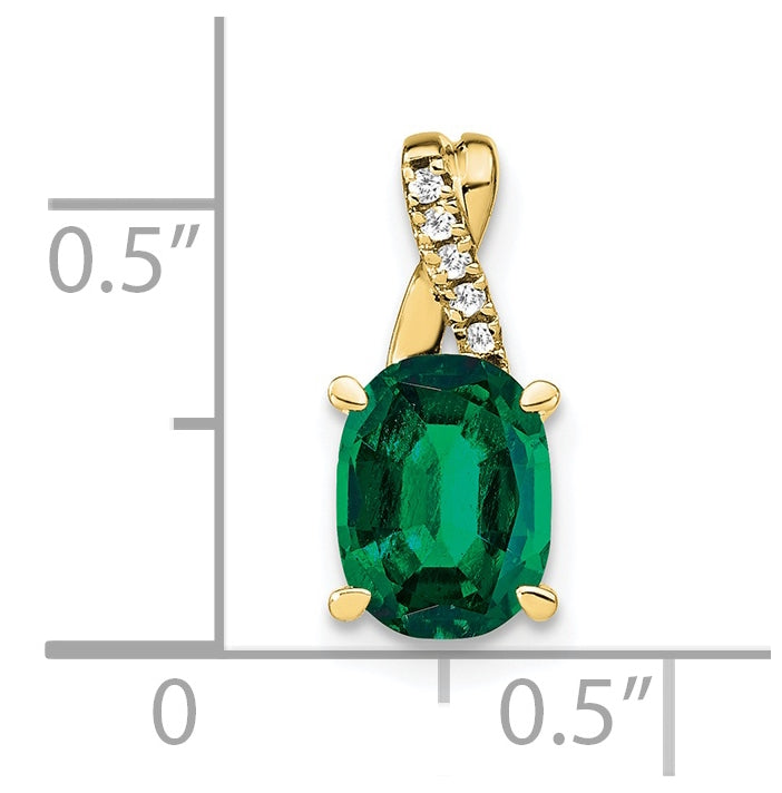 10K Yellow Gold Oval Created Emerald and Diamond Pendant