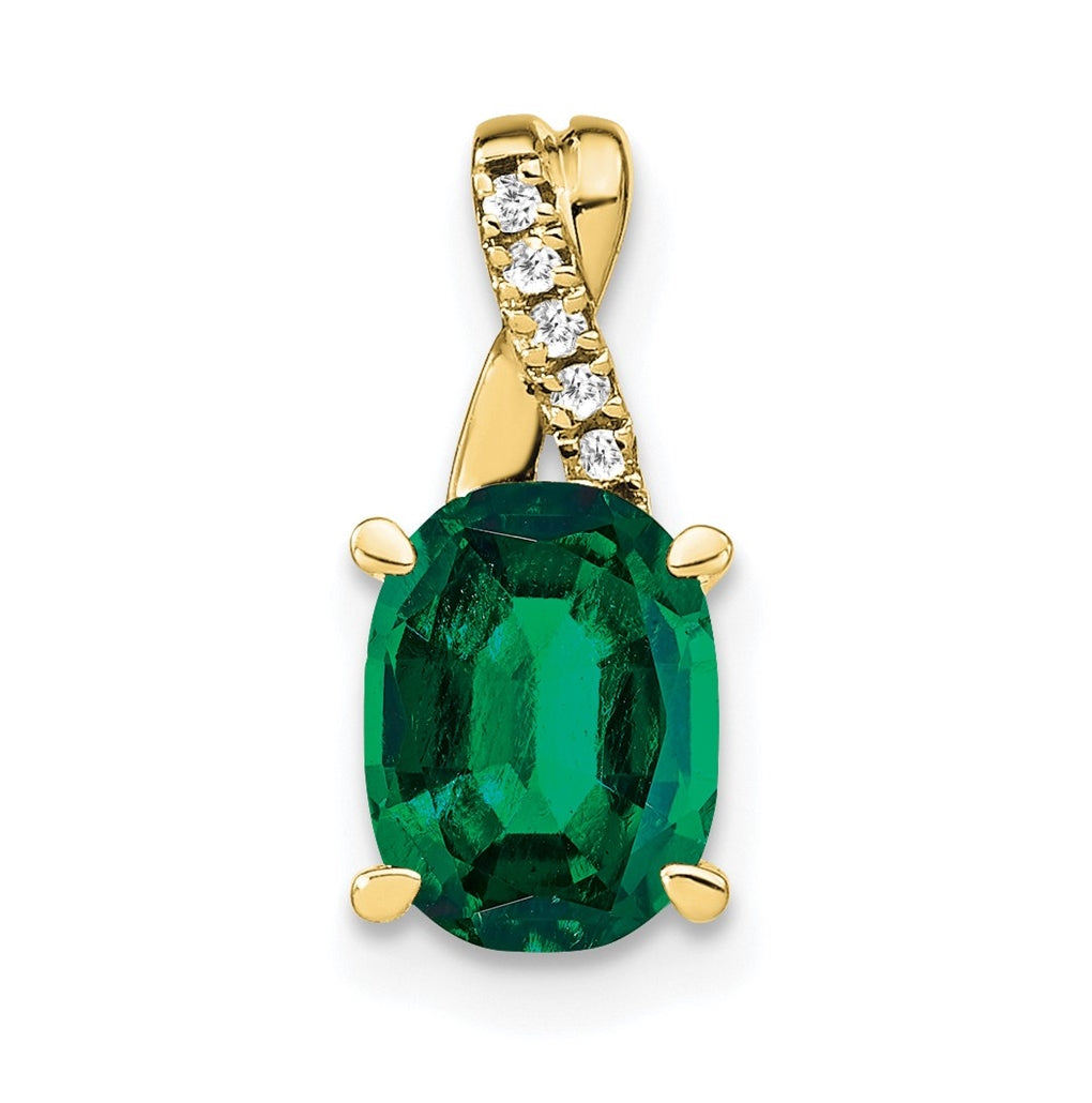 10K Yellow Gold Oval Created Emerald and Diamond Pendant