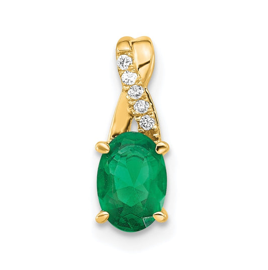 14K Yellow Gold Oval Created Emerald & Diamond Pendant