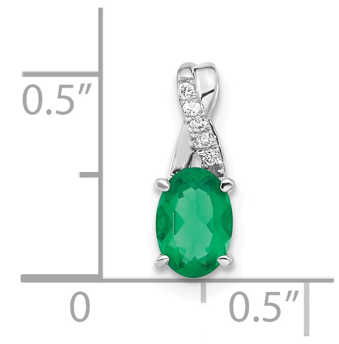 14K White Gold Oval Created Emerald & Diamond Pendant