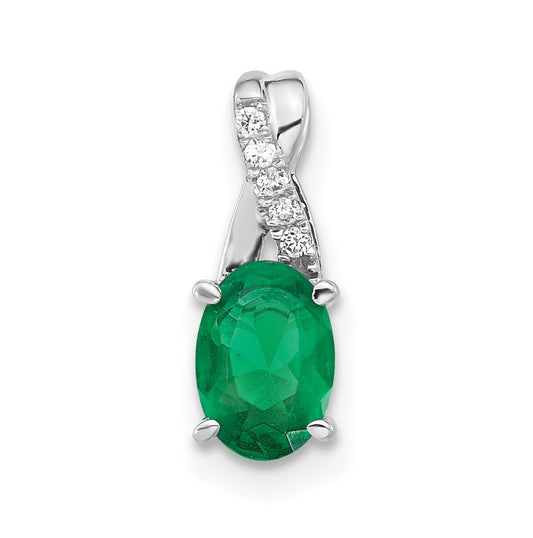 14K White Gold Oval Created Emerald & Diamond Pendant