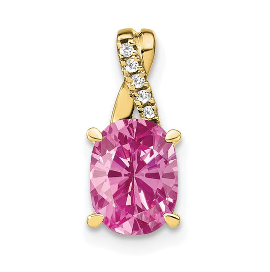 10K Yellow Gold Oval Created Pink Sapphire and Diamond Pendant