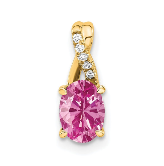 14K Yellow Gold Oval Created Pink Sapphire & Diamond Pendant