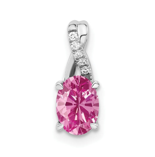 14K White Gold Oval Created Pink Sapphire & Diamond Pendant