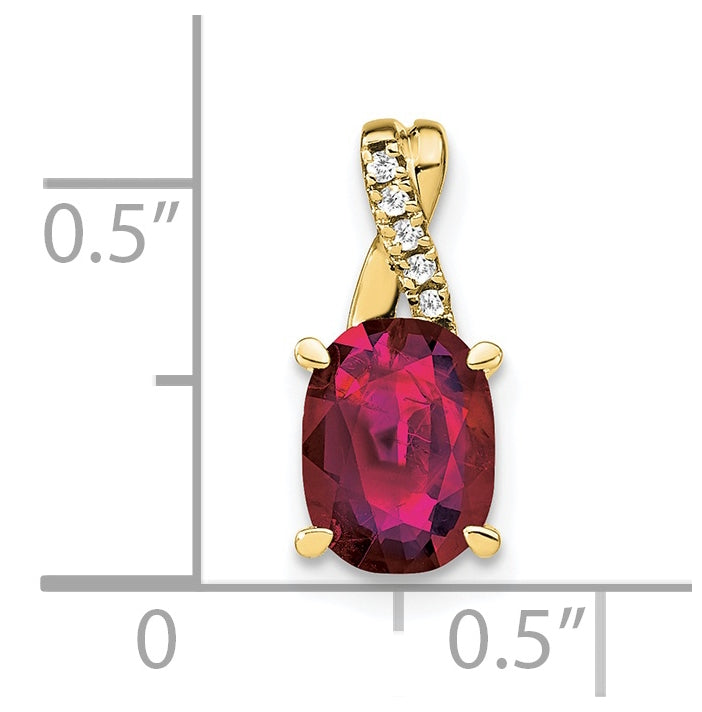 10K Yellow Gold Oval Created Ruby and Diamond Pendant