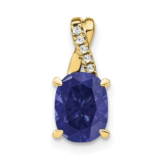 10K Yellow Gold Oval Created Sapphire and Diamond Pendant