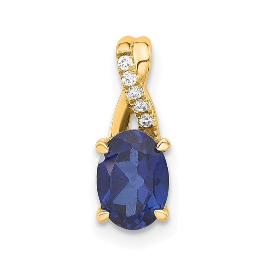 14K Yellow Gold Oval Created Sapphire & Diamond Pendant