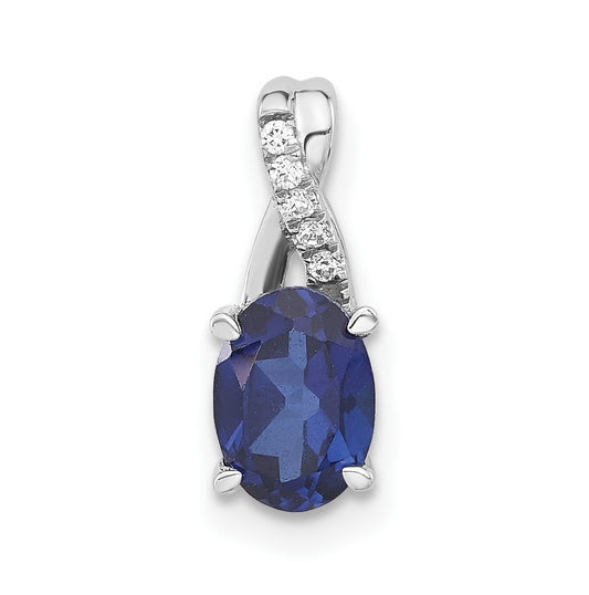 14K White Gold Oval Created Sapphire & Diamond Pendant