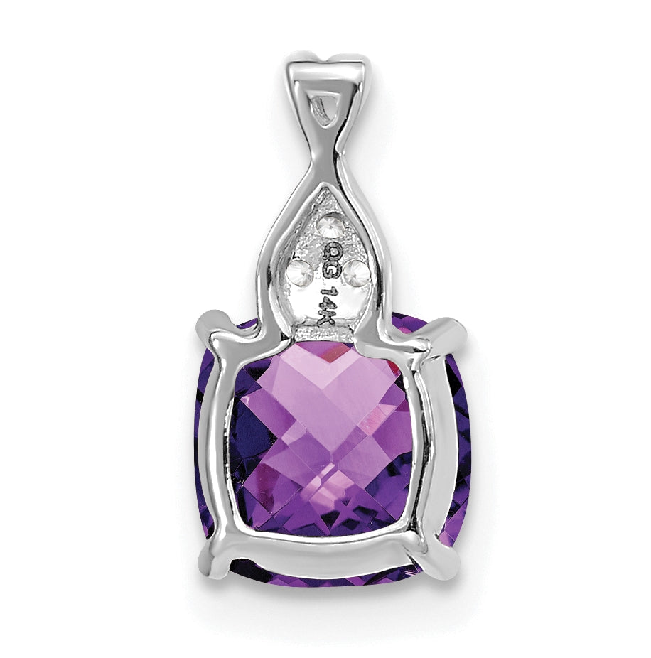 14K White Gold Checkerboard Amethyst and Diamond Pendant