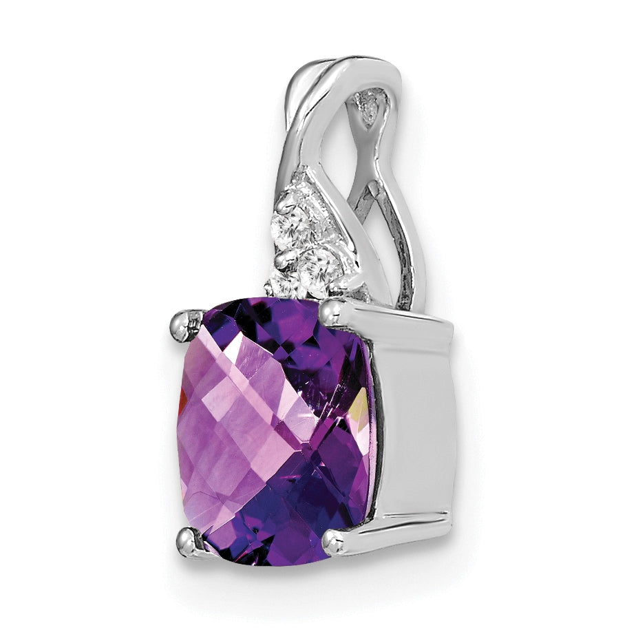 14K White Gold Checkerboard Amethyst and Diamond Pendant