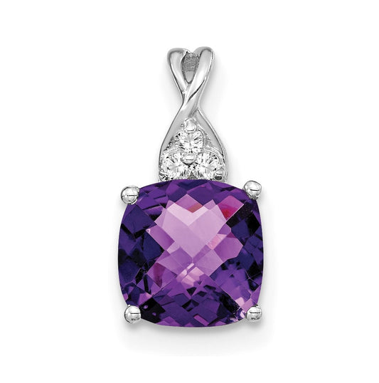 14K White Gold Checkerboard Amethyst and Diamond Pendant