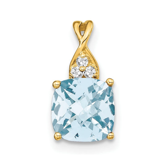 10K Yellow Gold Checkerboard Aquamarine and Diamond Pendant