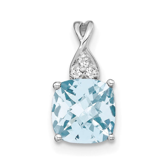 14K White Gold Checkerboard Aquamarine and Diamond Pendant