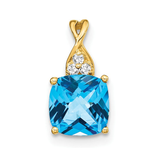 10K Yellow Gold Checkerboard Blue Topaz and Diamond Pendant