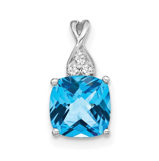 14K White Gold Checkerboard Blue Topaz and Diamond Pendant