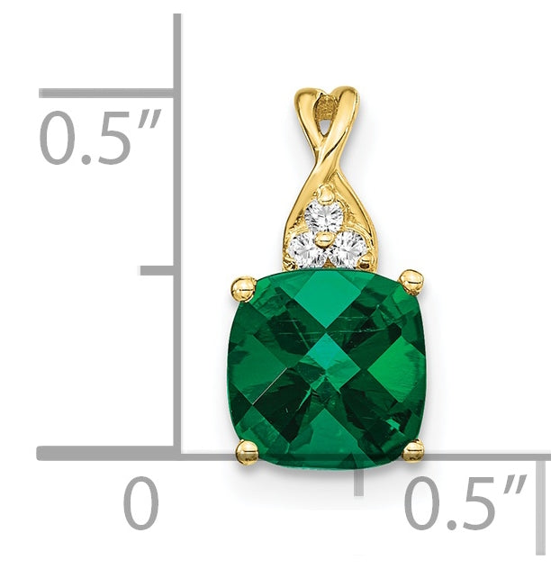 10K Yellow Gold Checkerboard Created Emerald and Diamond Pendant