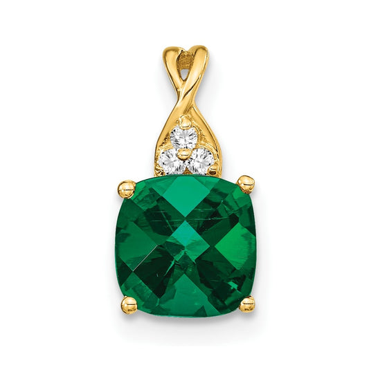 10K Yellow Gold Checkerboard Created Emerald and Diamond Pendant