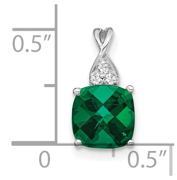 14K White Gold Checkerboard Created Emerald and Diamond Pendant