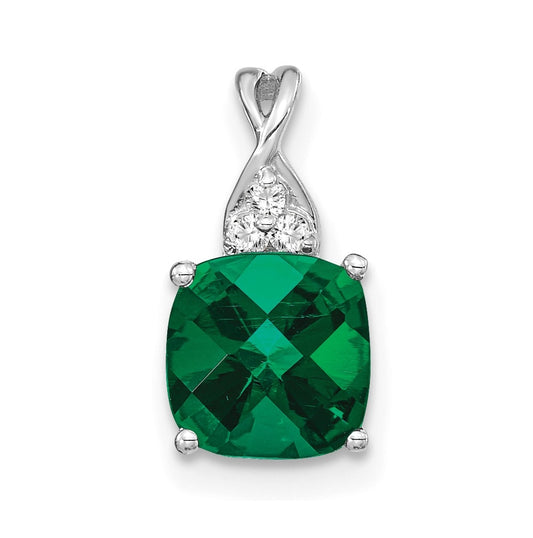 14K White Gold Checkerboard Created Emerald and Diamond Pendant