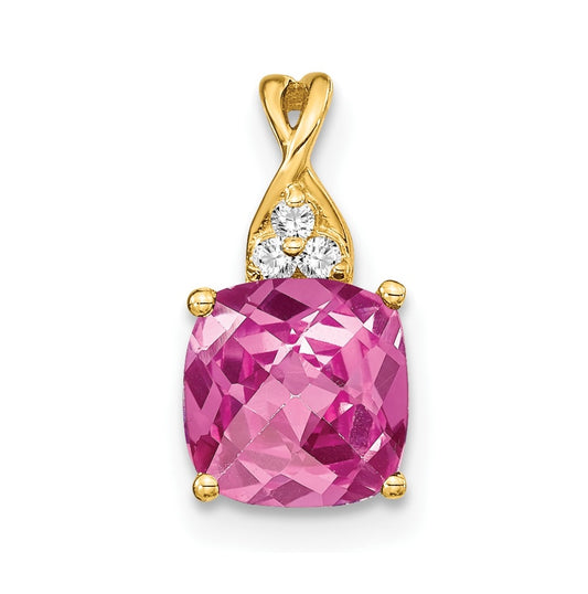 10K Yellow Gold Checkerboard Created Pink Sapphire and Diamond Pendant