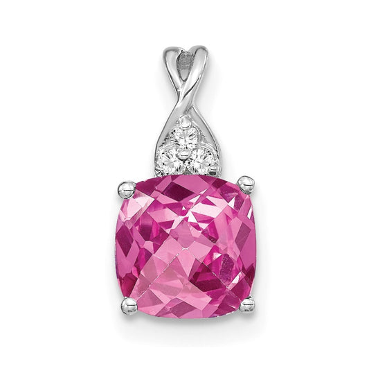 14K White Gold Checkerboard Created Pink Sapphire and Diamond Pendant