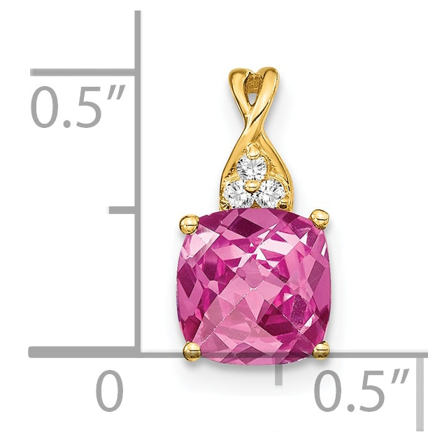 14K Yellow Gold Checkerboard Created Pink Sapphire and Diamond Pendant