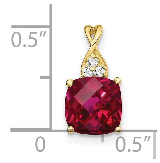 10K Yellow Gold Checkerboard Created Ruby and Diamond Pendant