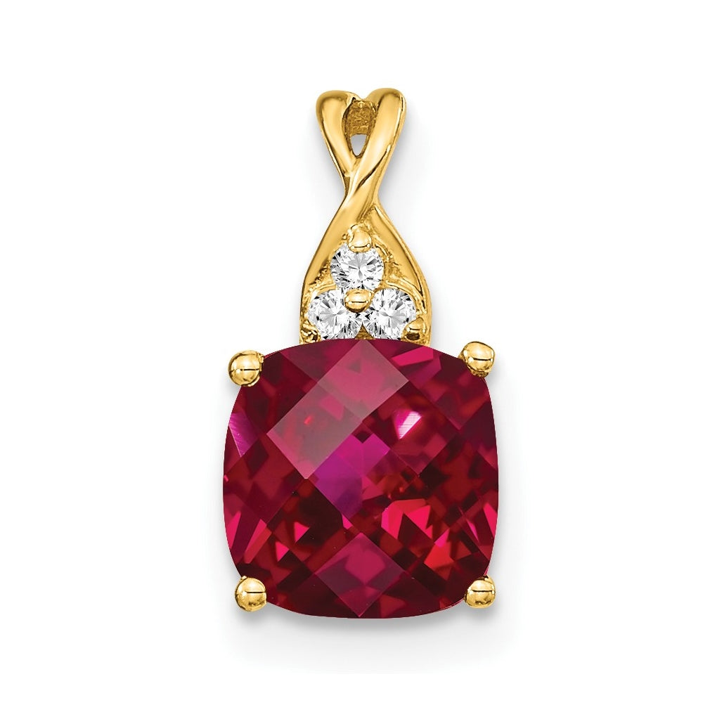 10K Yellow Gold Checkerboard Created Ruby and Diamond Pendant