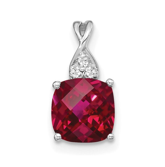 14K White Gold Checkerboard Created Ruby and Diamond Pendant