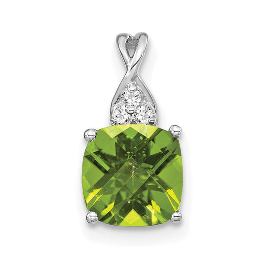 14K White Gold Checkerboard Peridot and Diamond Pendant