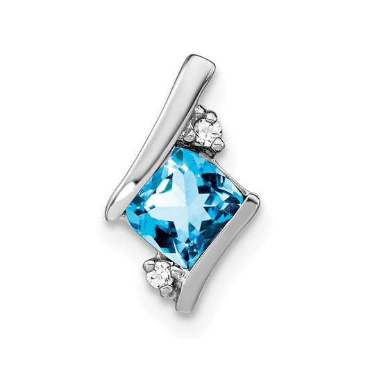 14K White Gold  Cushion Blue Topaz and Diamond Chain Slide