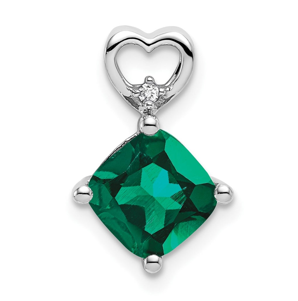 14k White Gold Created Emerald and Diamond Heart Chain Slide