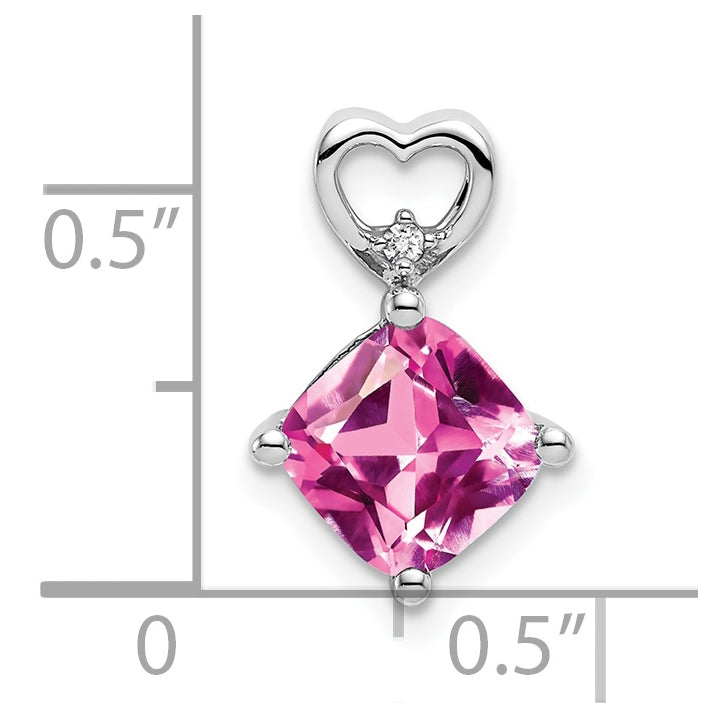 14k White Gold Created Pink Sapphire and Diamond Heart Chain Slide