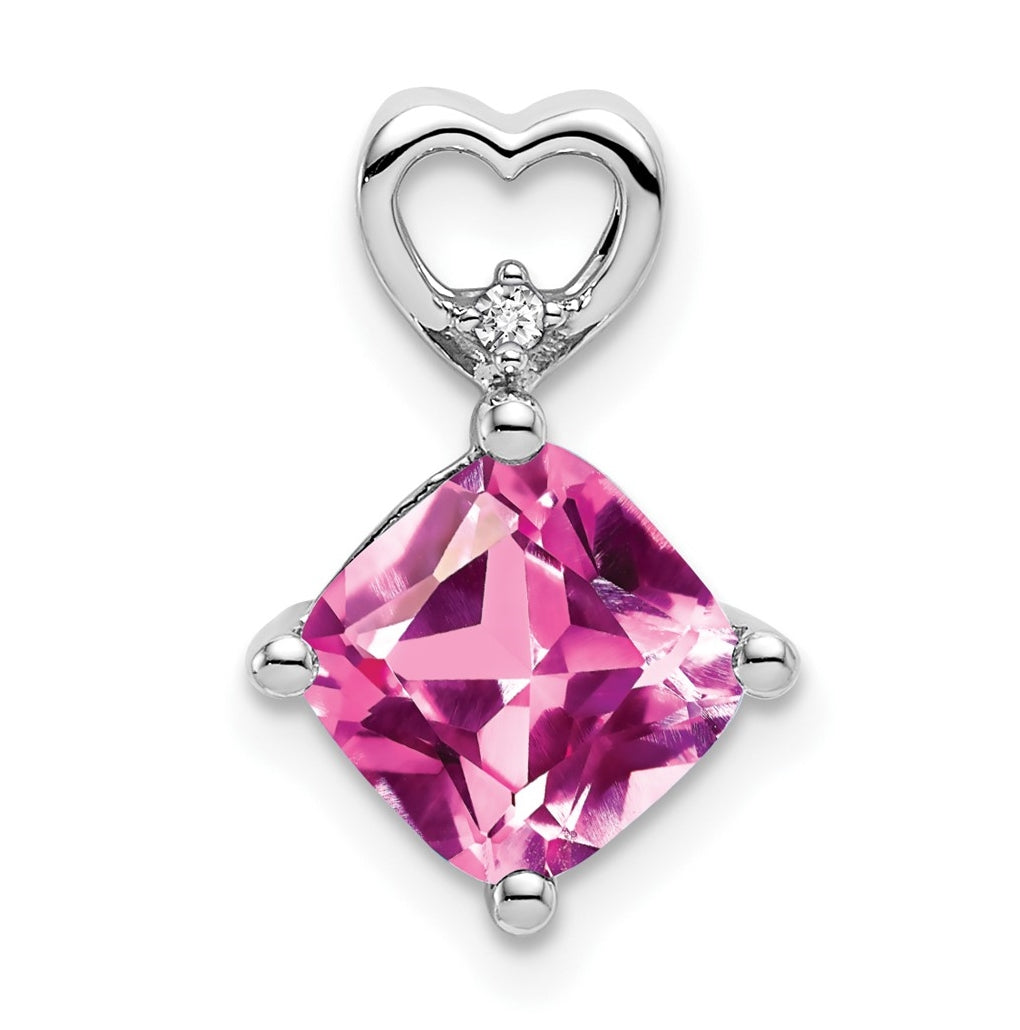 14k White Gold Created Pink Sapphire and Diamond Heart Chain Slide