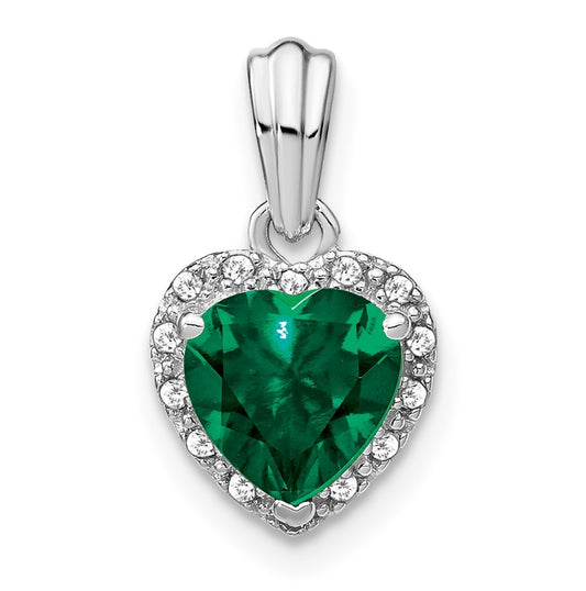 Sterling Silver Rhodium plated Created Emerald and Diamond Pendant