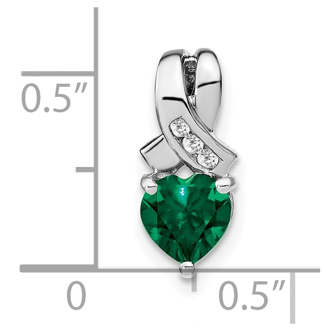 Sterling Silver Rhodium plated Created Emerald/Diamond Pendant